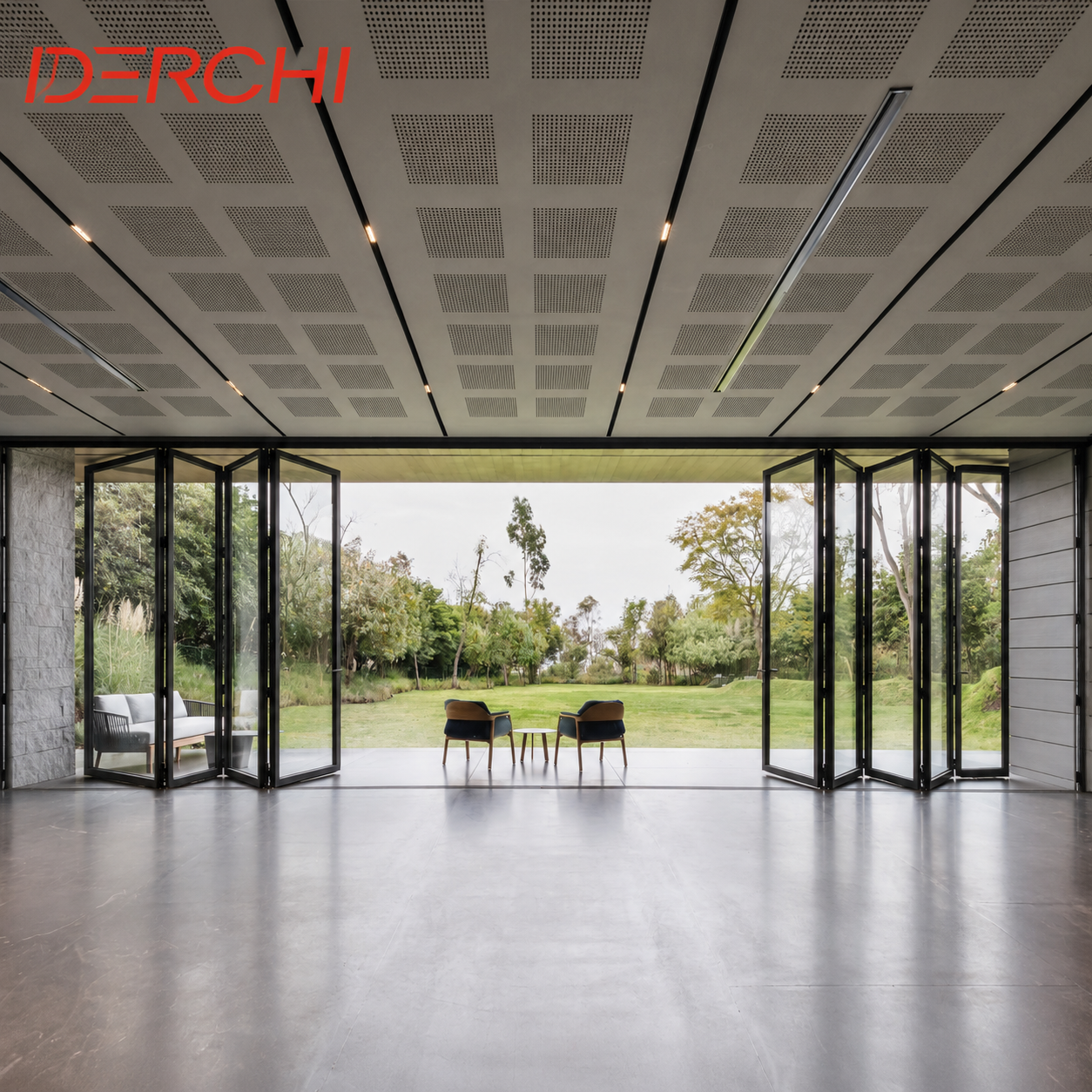 Moderne høj aluminium dobbeltglas harmonika stor stor bifold lang bifold skydedør udvendig hovedindgang terrassefoldedør