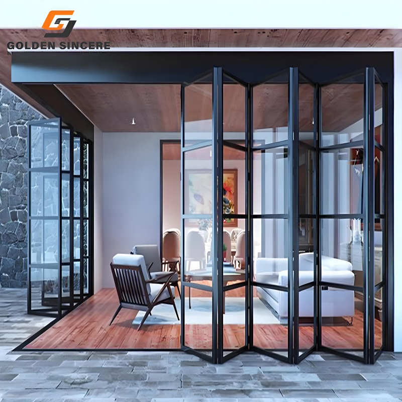 GS Hot Sale Aluminium Bifold Terrassedøre med Dobbelt Glas Rustfrit Stål Skærmenet Udvendig Foldedør