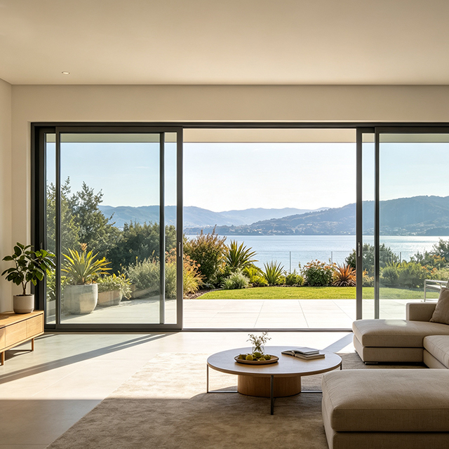 Vandtæt skydedør med panoramavindue, hærdet glas, skydedøre i glasdesign med stort håndtag og stort håndtag.