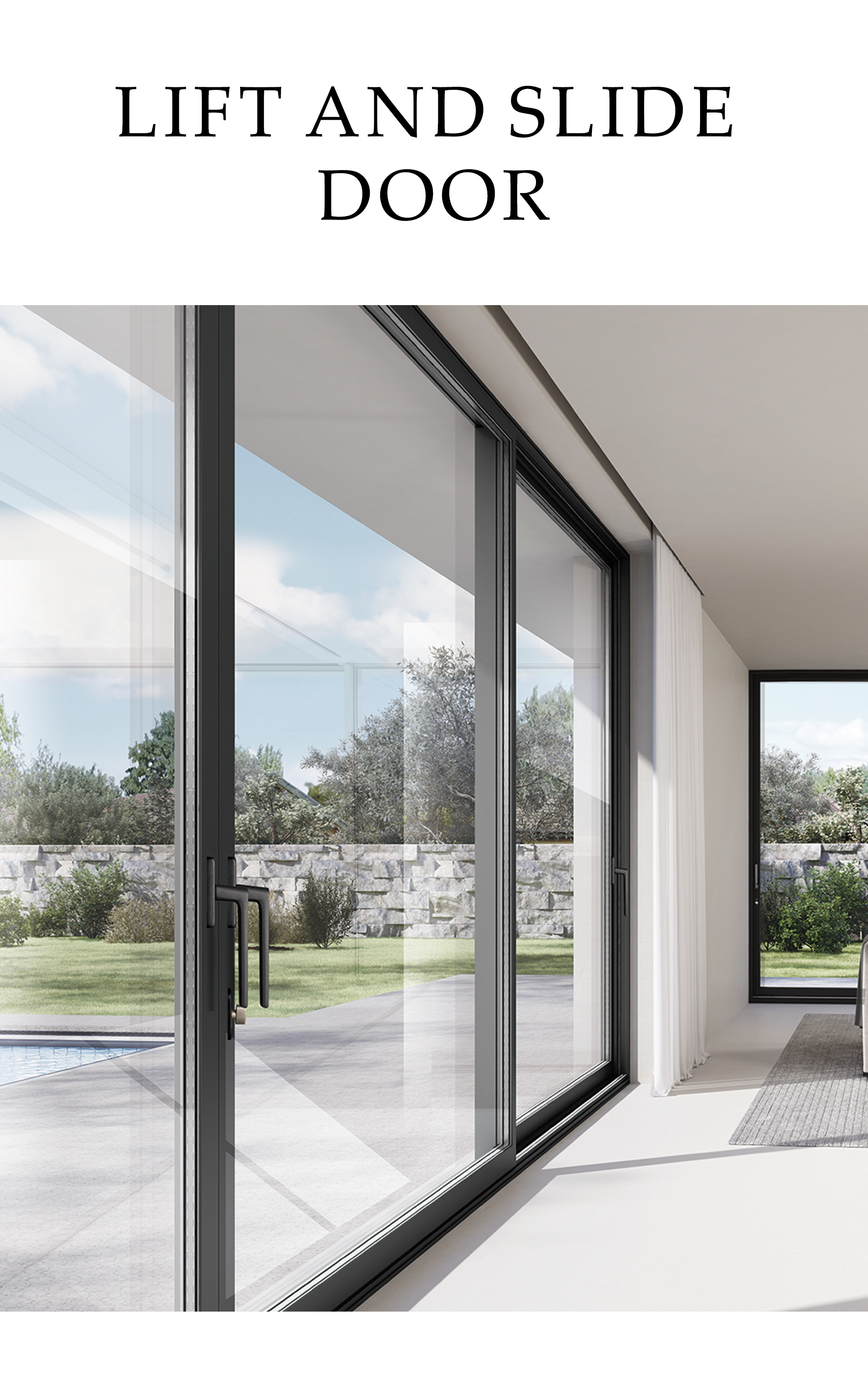 Vandtæt skydedør med panoramavindue, hærdet glas, skydedøre i glasdesign med stort håndtag og stort håndtag.