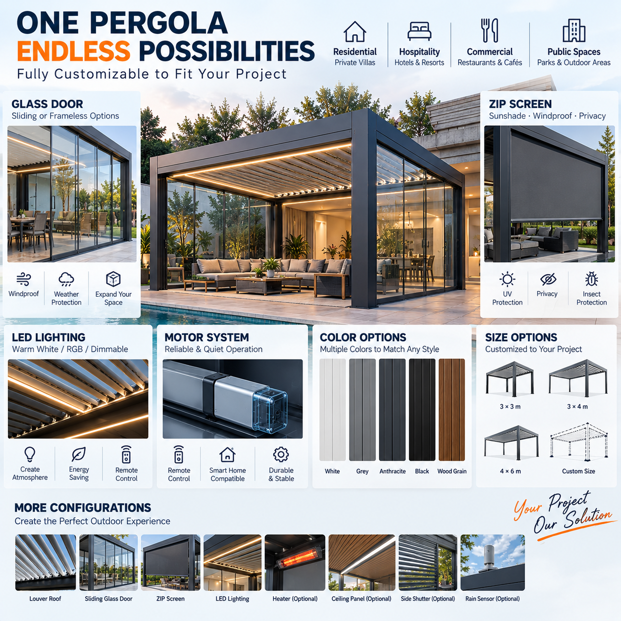 Specialfremstillet motoriseret lamelpergola i aluminium med skydedøre i glas og LED-belysning til udendørs køkken og terrassespisning