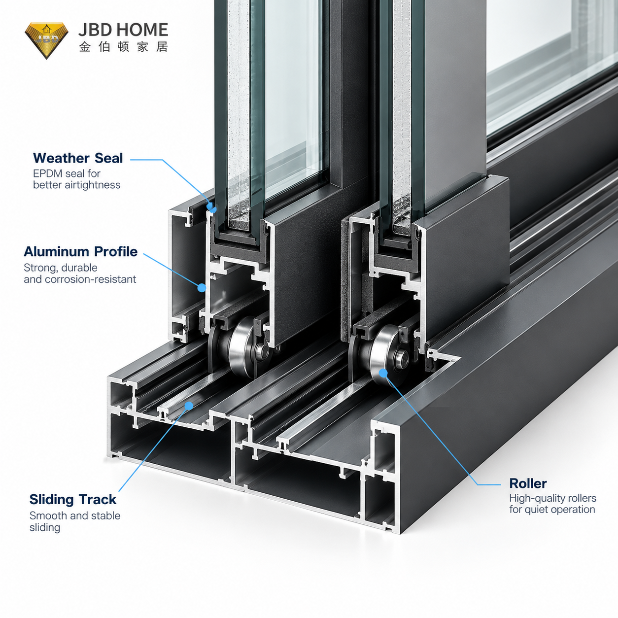 Moderne skydevinduer i aluminium, specialfremstillet, vandret glasvindue med holdbar pulverlakeret ramme til private hjem