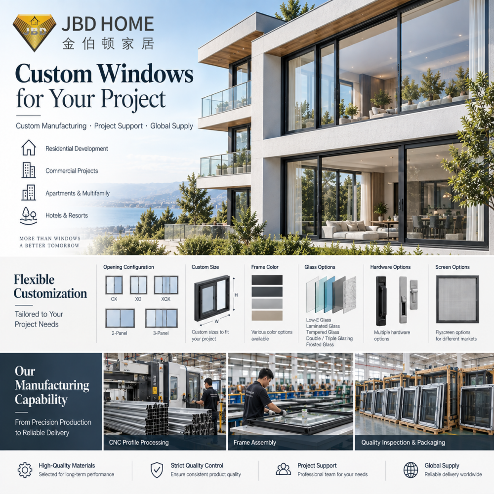Moderne skydevinduer i aluminium, specialfremstillet, vandret glasvindue med holdbar pulverlakeret ramme til private hjem