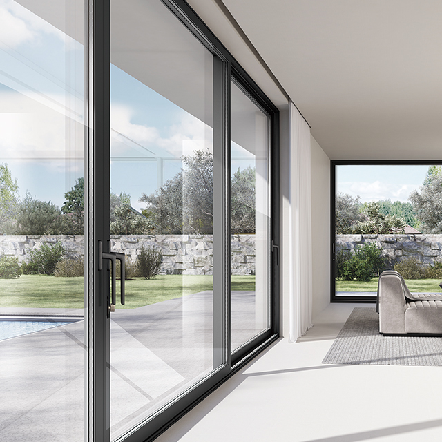 NFRC Modern Slim Frame Sort Aluminium Dobbeltglas Hærdet Glas Terrassedør Orkanpåvirkning Skydedøre