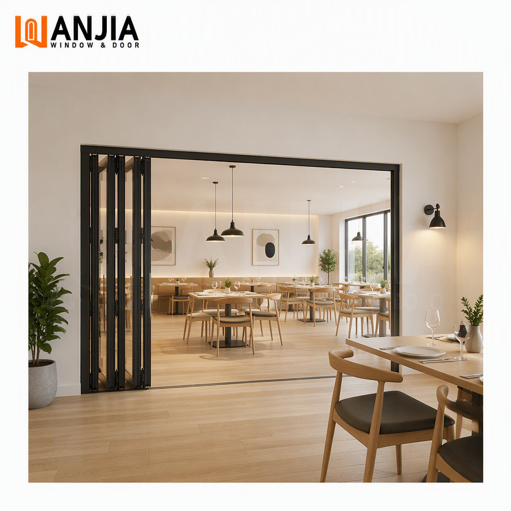 Tilpasset moderne design aluminium bifold glasdør kommerciel foldedør skillevæg indgangsdør foldedøre af glas