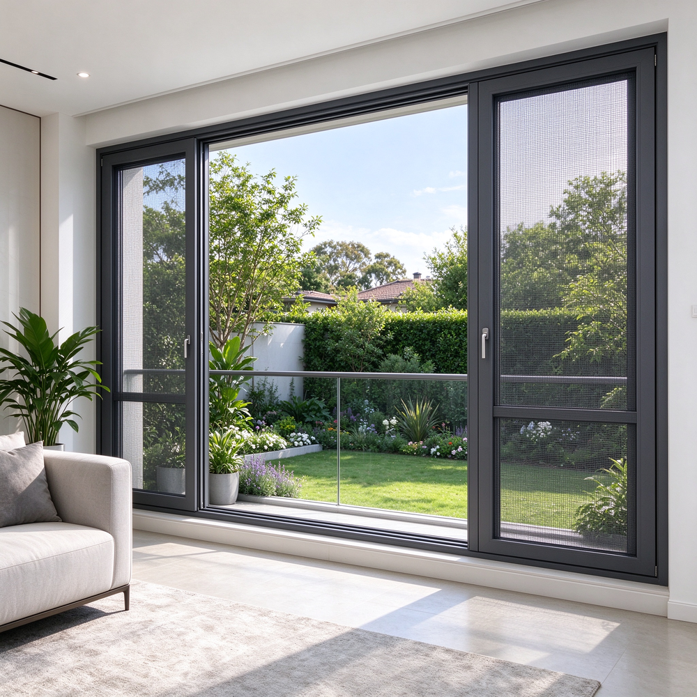 Skydevindue med dobbeltglas i aluminiumsramme og termisk isolering med gitterdesign