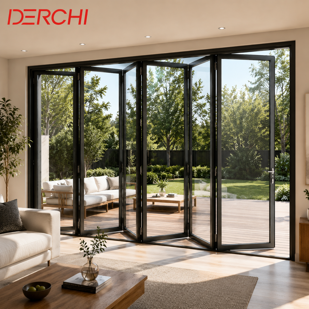 Moderne høj aluminium dobbeltglas harmonika stor stor bifold lang bifold skydedør udvendig hovedindgang terrassefoldedør