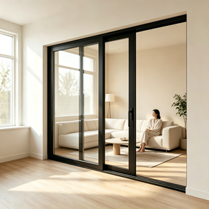 Vandtæt skydedør med panoramavindue, hærdet glas, skydedøre i glasdesign med stort håndtag og stort håndtag.